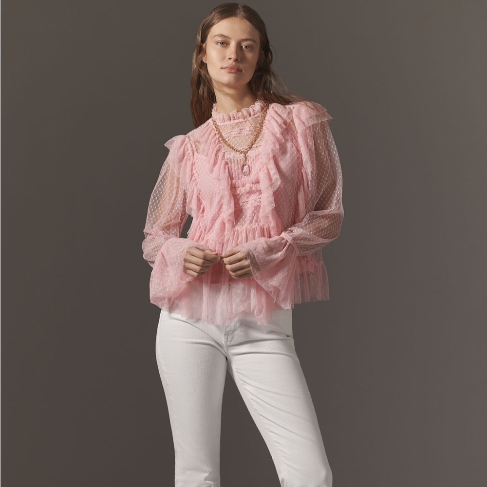 By Anthropologie Long-Sleeve Ruffle Sheer Blouse Pink - Picture 2 of 4